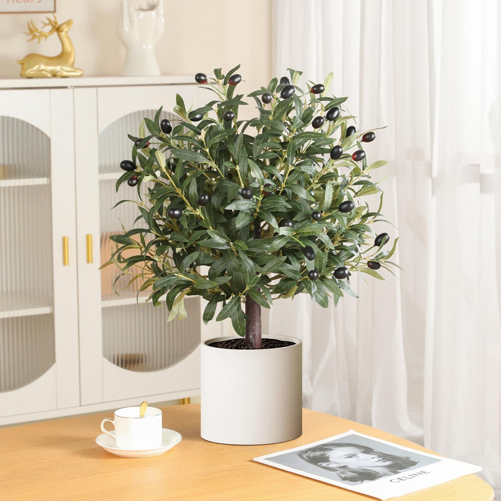 25.5” Tall Artificial Topiary Ball Olive Tree with Leaves and Fruits, Olive Boxw
