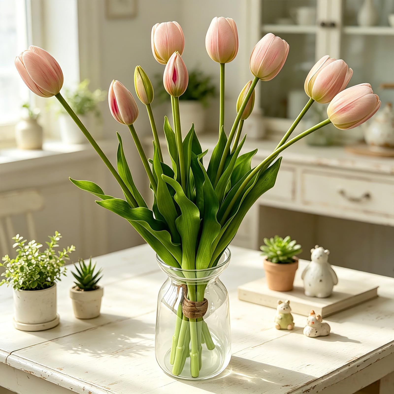 Pink Artificial Tulip Flowers 10 PCS Real Touch Bouquet Table Fake Decor