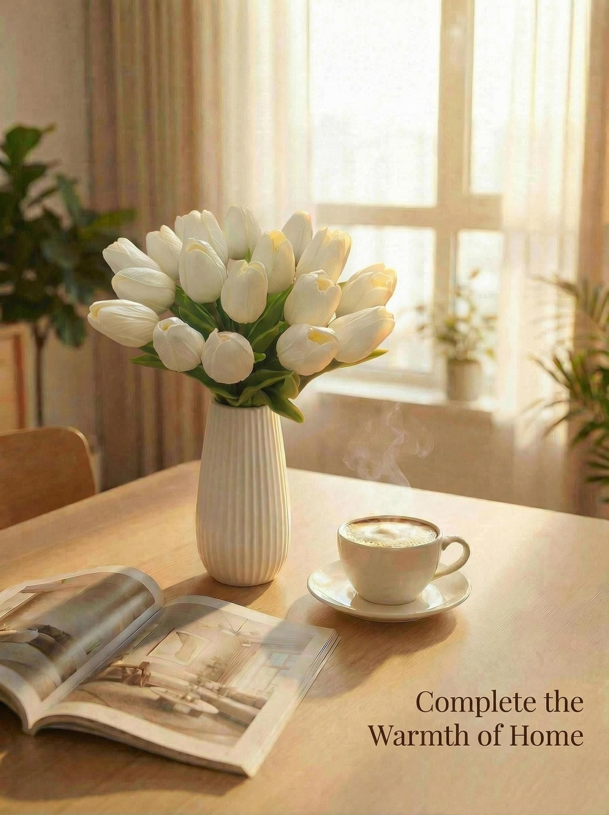 White Artificial Tulips Flowers Centerpiece, 13.5″ Lifelike PU Fake Floral St…