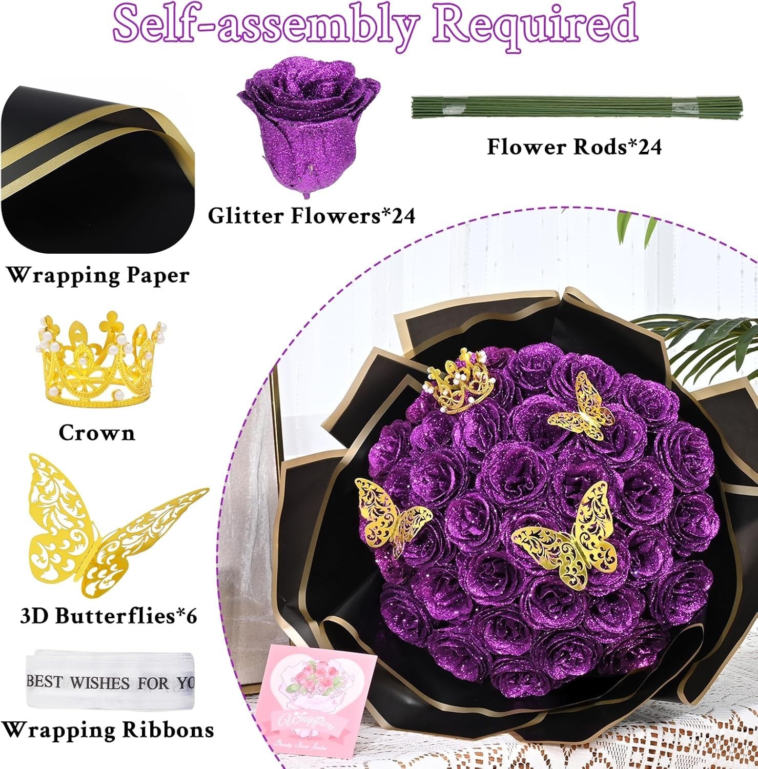 Waipfaru Glitter Roses Bouquet, DIY Fake Glitter Flowers Bouquet, Everlasting Sh