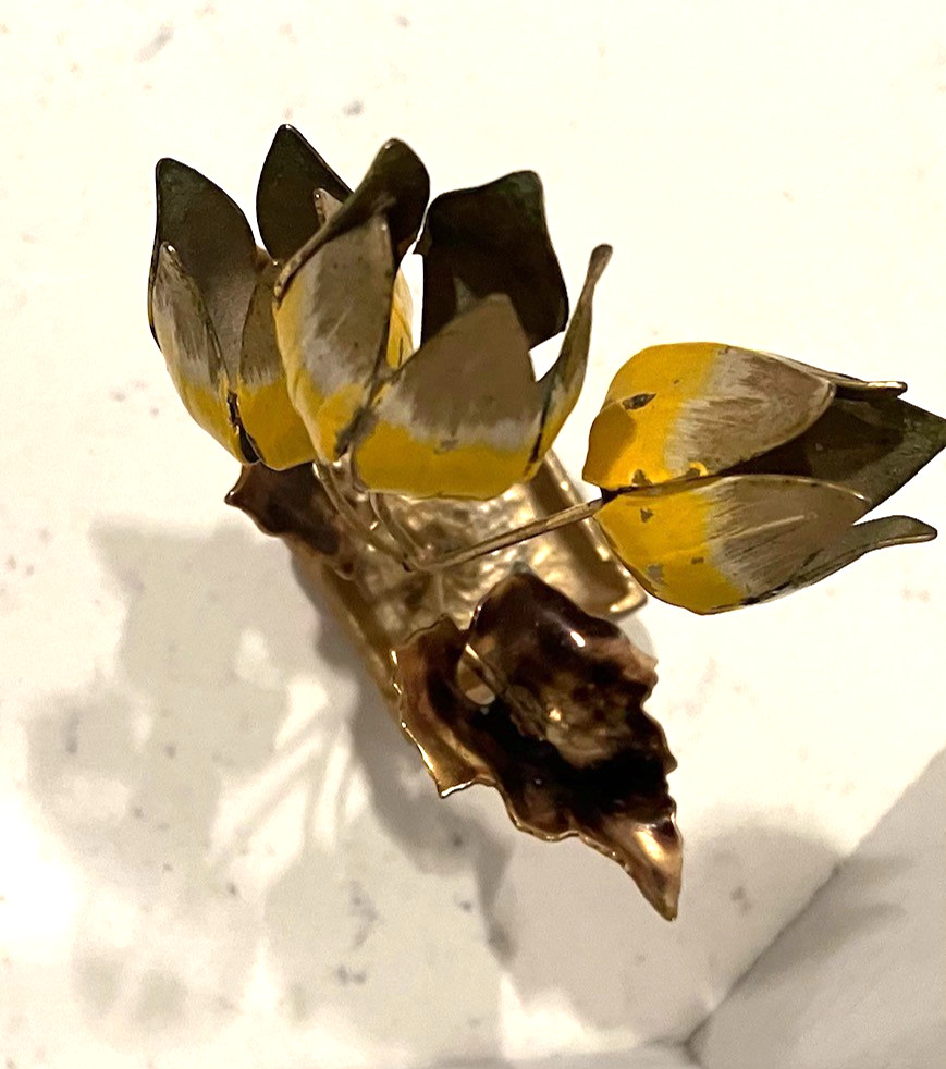 VTG CHINESE BRASS AND ENAMEL TULIPS FLOWER ARRANGEMENT HOLLYWOOD REGENCY 6″