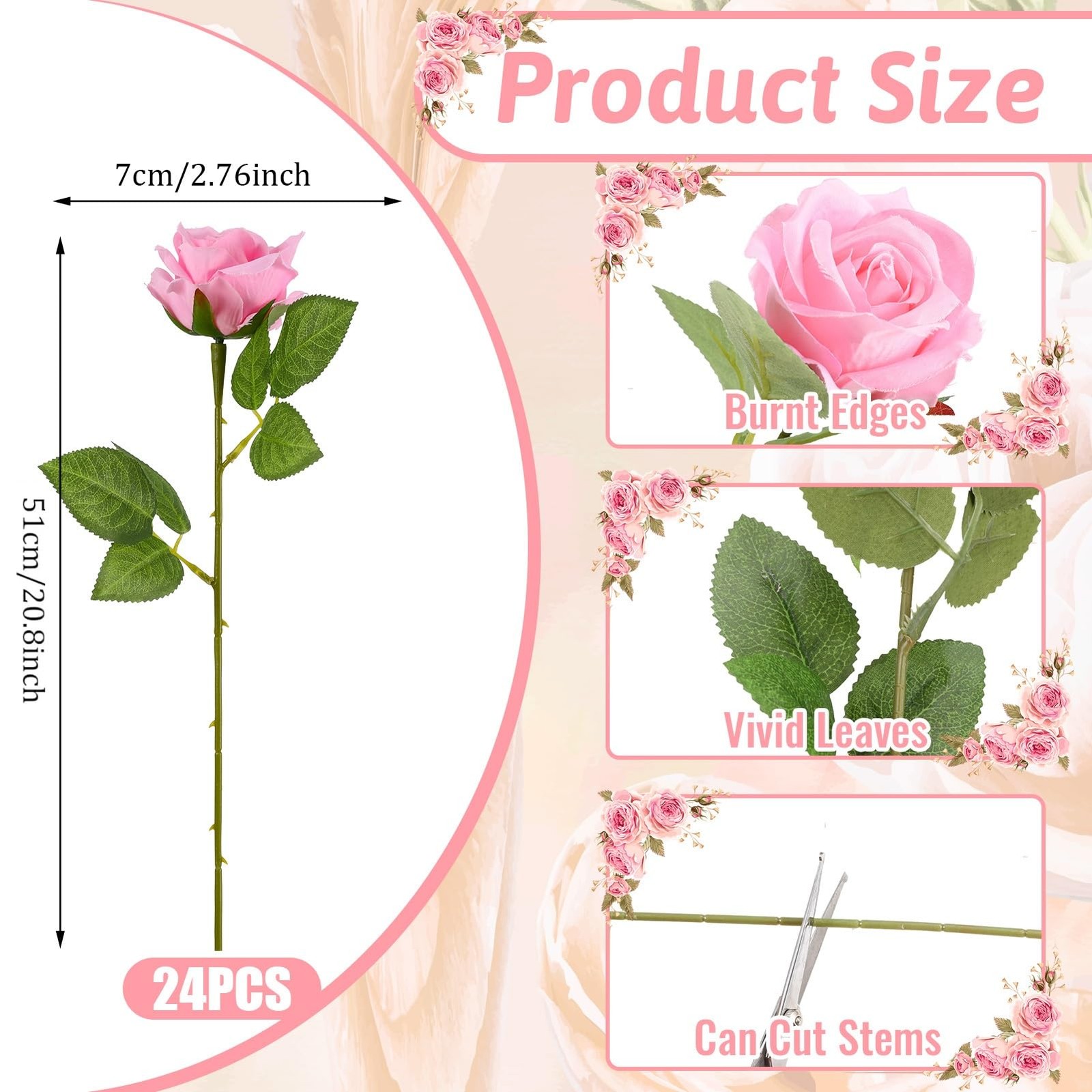 24 Pcs Pink Rose Artificial Flowers with Long Stem Real Touch Silk Plastic Bo…
