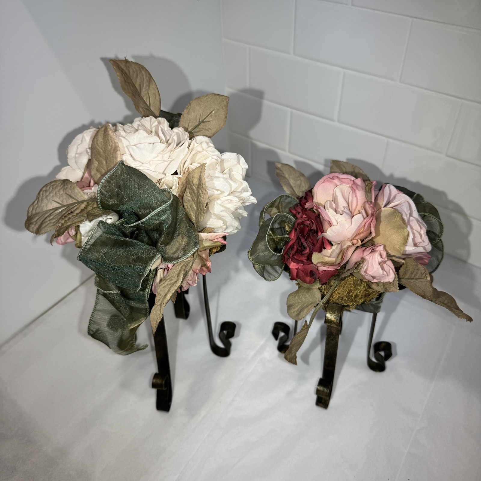 Artificial Pink/Dusty Rose/moss Flower FAUX Bouquet w Iron Legs Green Ribbon