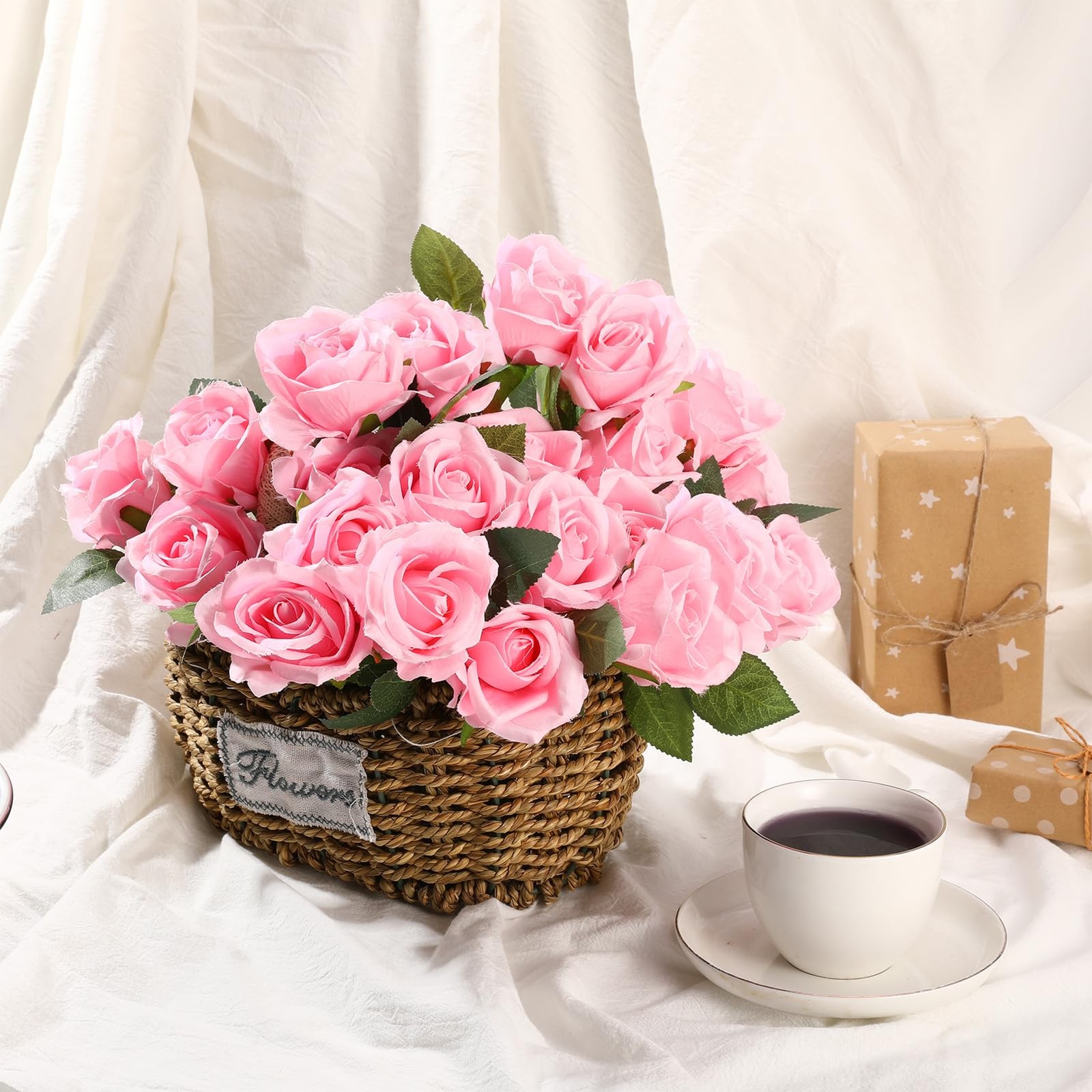 24 Pcs Pink Rose Artificial Flowers with Long Stem Real Touch Silk Plastic Bo…