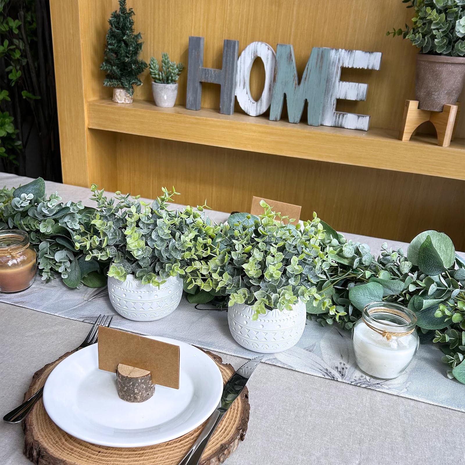 Set of 2 Small Artificial Potted Plants Faux Eucalyptus Plant in White Geomet…
