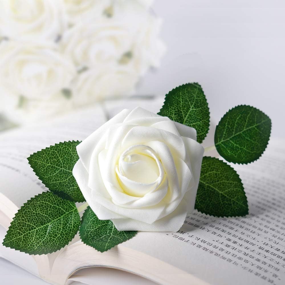 Artificial Flowers 25pcs Real Looking Ivory Foam Fake Roses with Stems for DIY