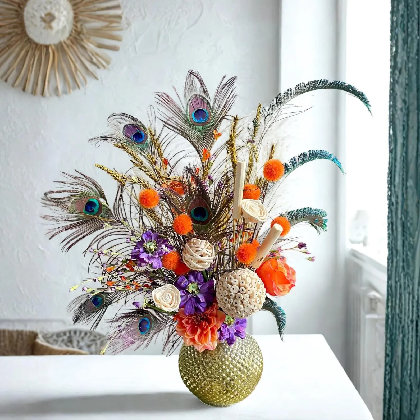 Peacock Centerpiece: Earthy Floral Arrangement, Cute Purple & Orange Room Decor