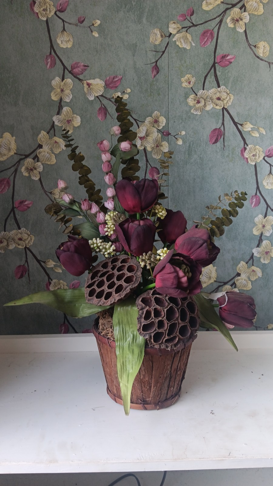Artificial Purple Tulip & Lotus Pod Arrangement Centerpiece in Flower Pot