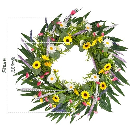 20″ Artificial Summer Wreath for Front Door – Sunflower Daisy Yellow – 20in