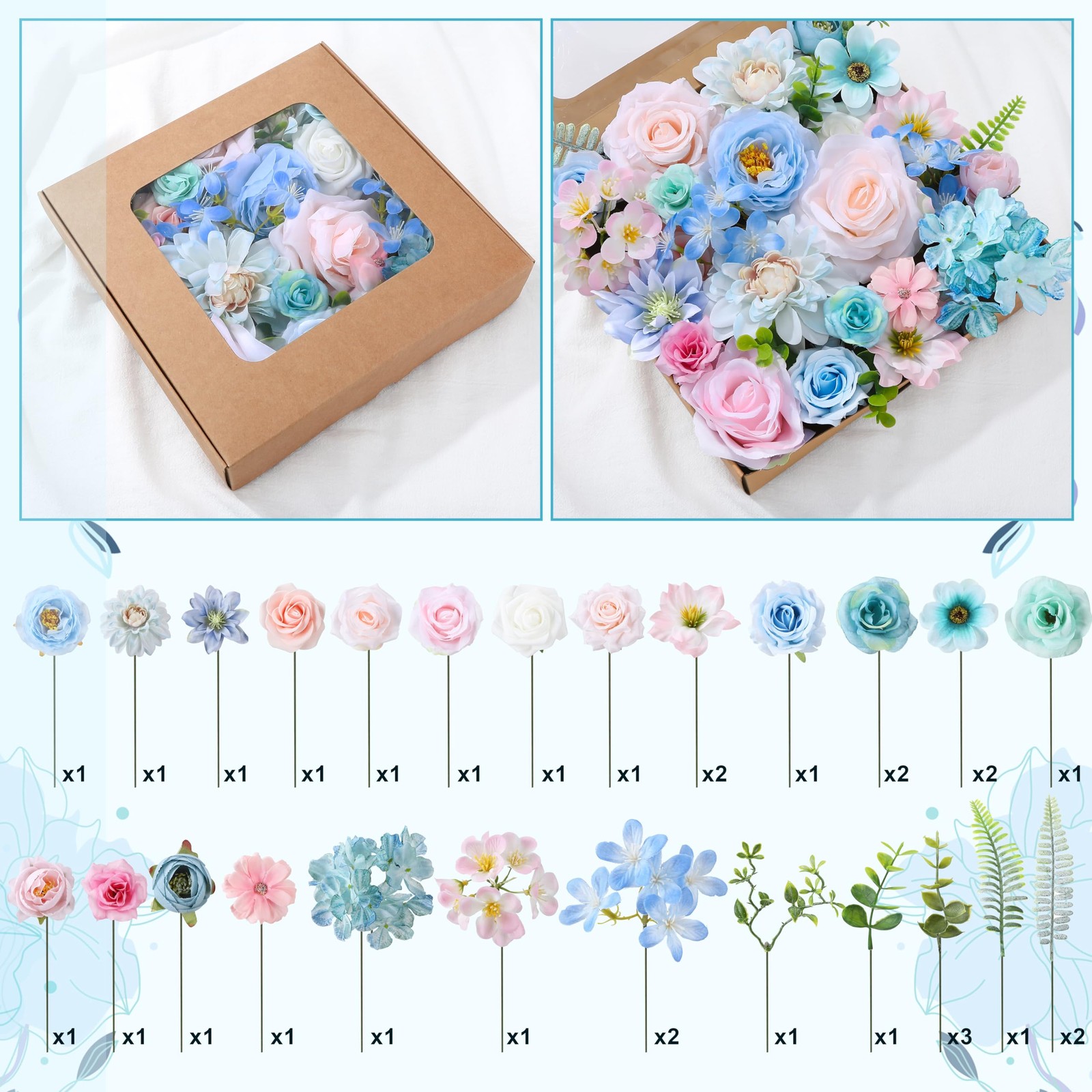 Blue, Pink, Green Artificial Flowers Combo Box Fake Silk Roses with Stems Hyd…