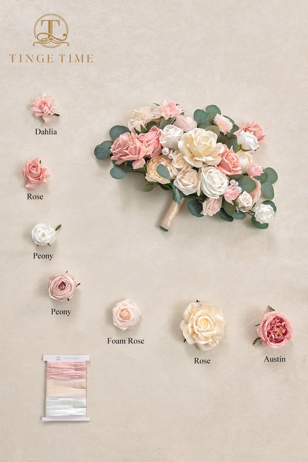 11 Inch Wedding Bouquets for Bride，Champange&Pink Artificial Flowers Bouquet，…