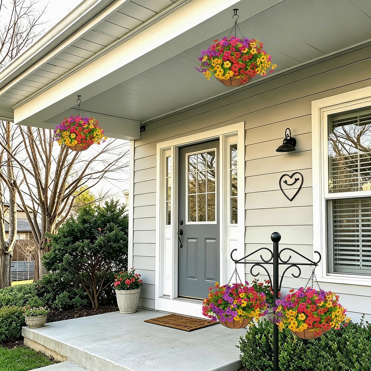 2 Set Artificial Outdoor Flowers with Hanging Basket for Garden Porch Patio