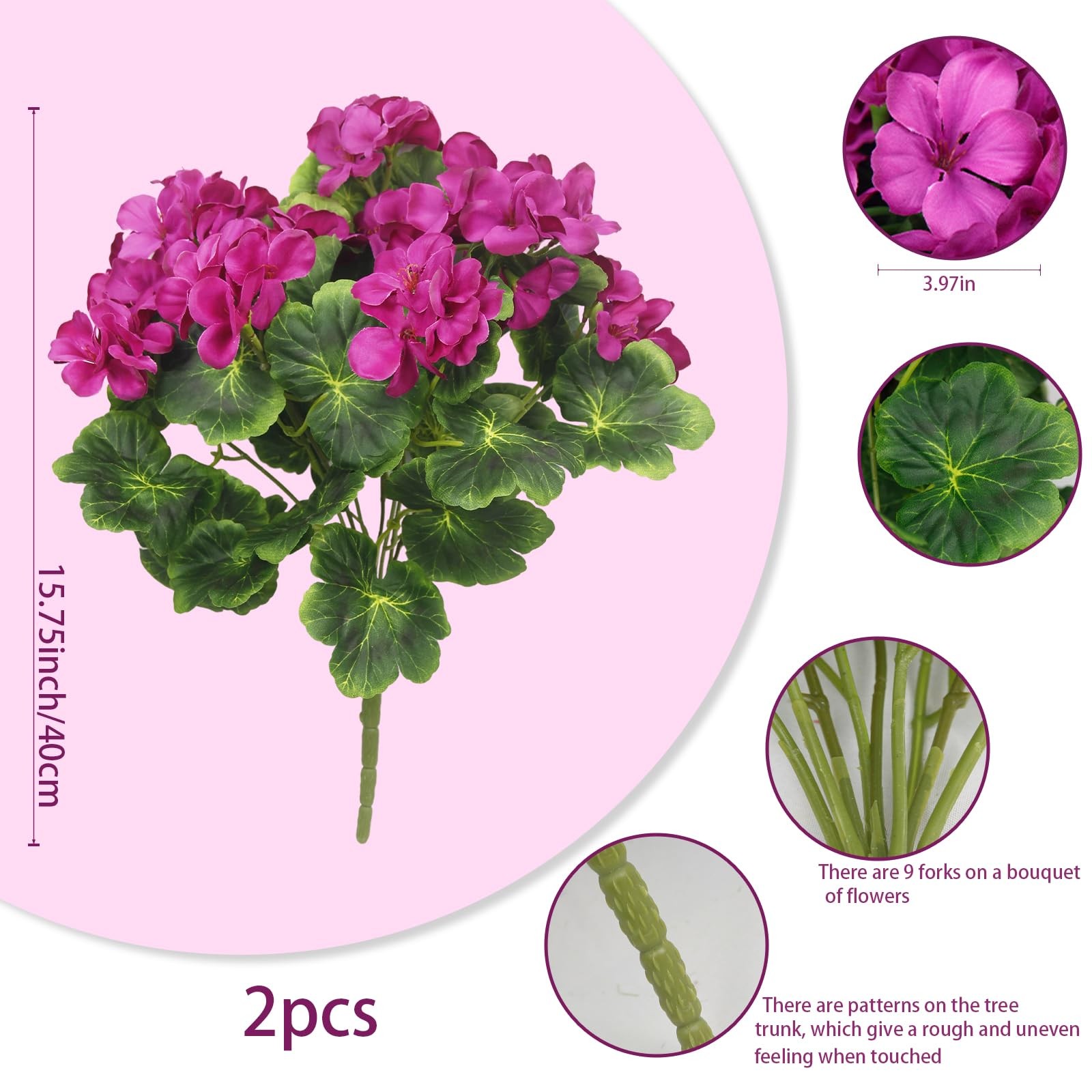 2 Pcs Artificial Geraniums for Outdoors Silk Cemetery Flowers Fuchsia Faux Fl…