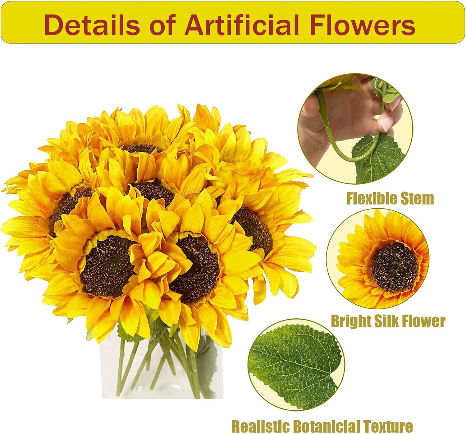 10PCS Sunflowers Artificial Flowers, Fake Silk Sunflower with Long Stem, Artific
