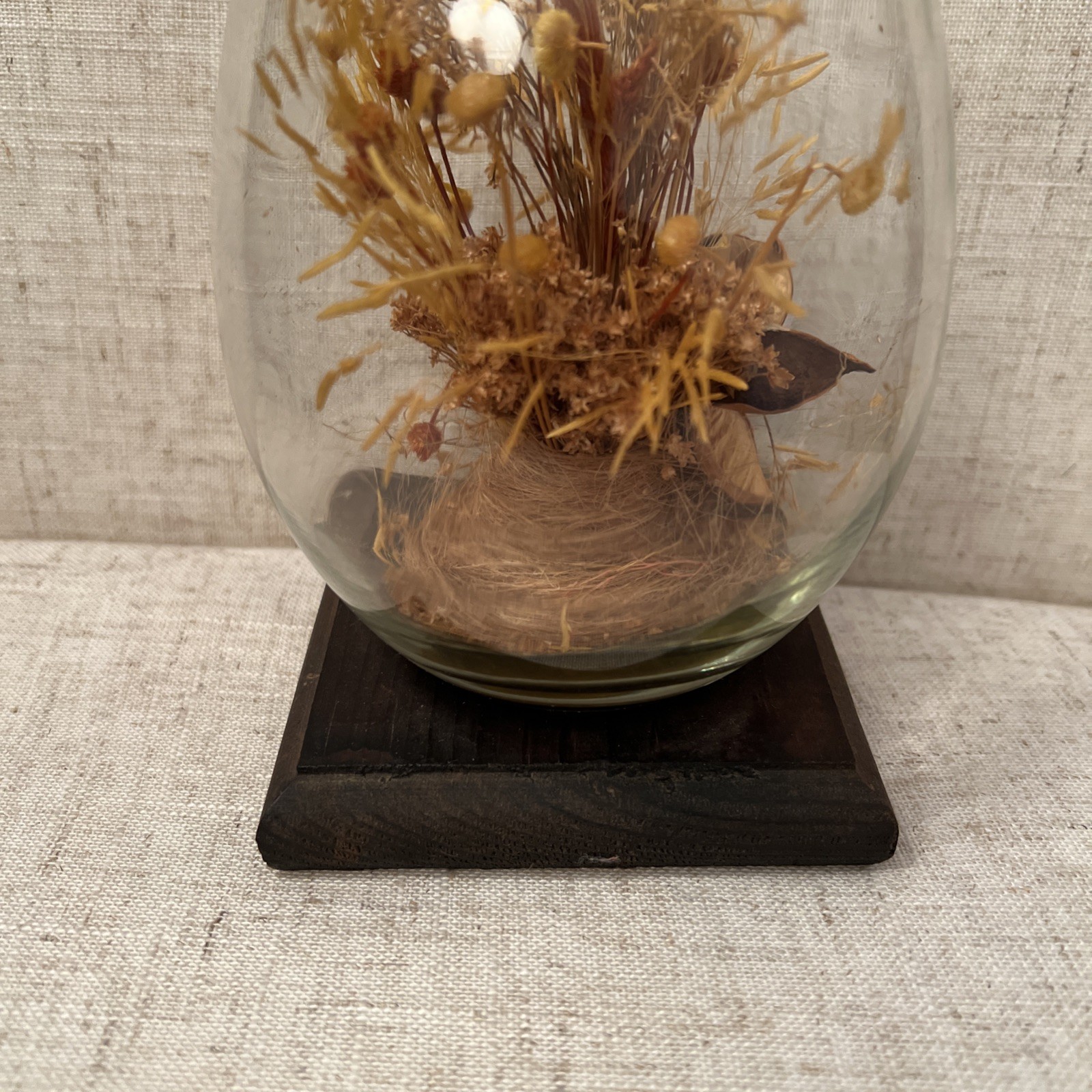 Vintage MCM Glass Terrarium With A Wood Base Dried Flowers Inside