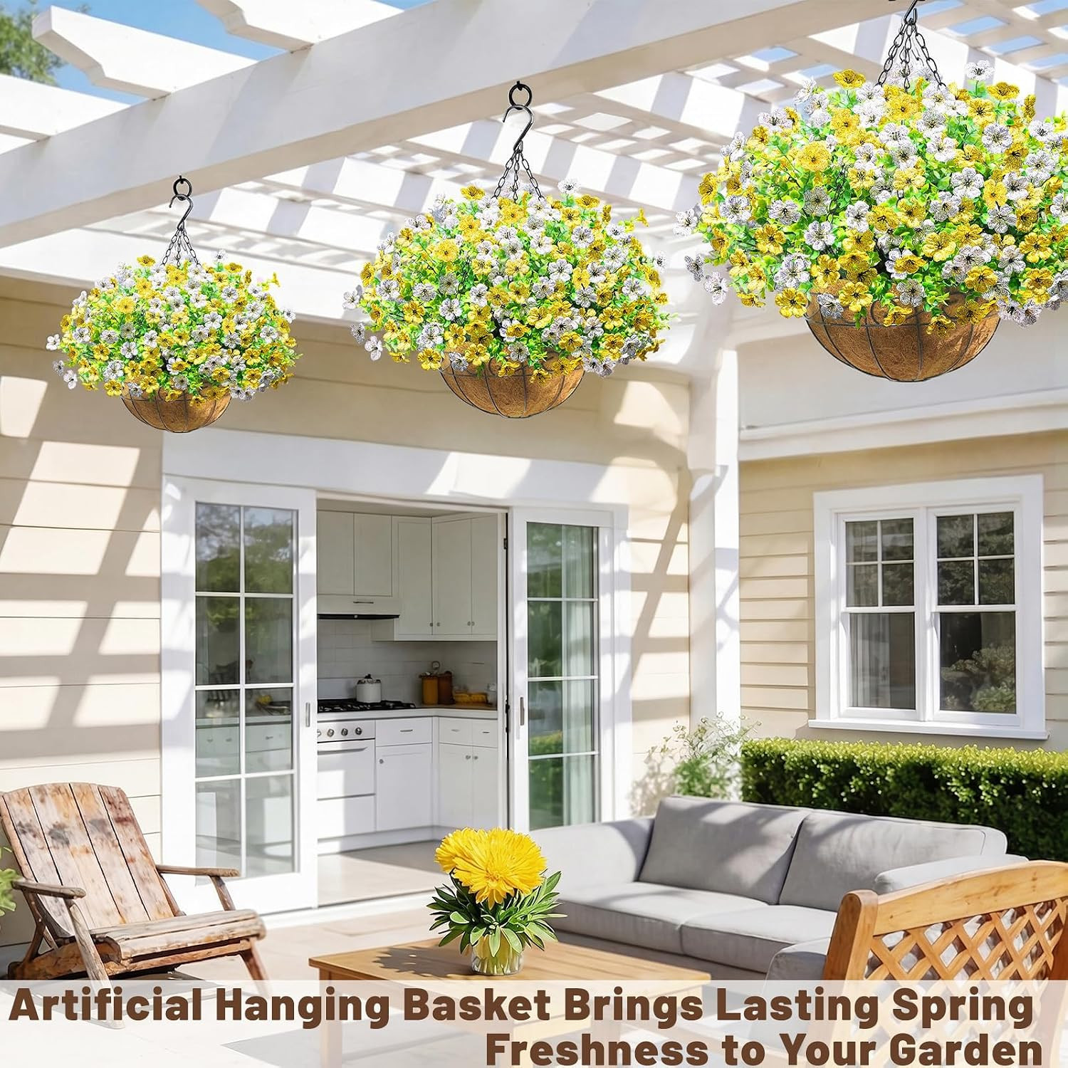 2 Pack UV Resistant Faux Hanging Flower Baskets for Outdoor Decor (Yellow White)