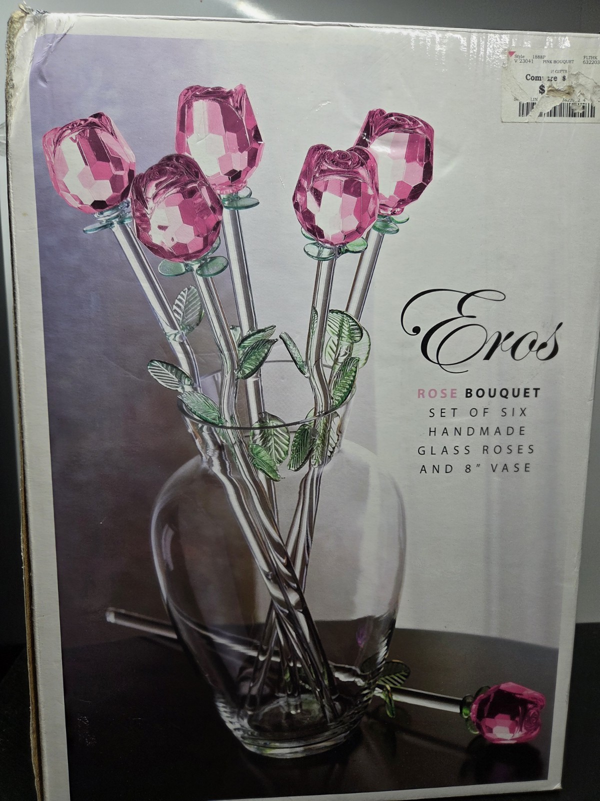 Eros (6) Bouquet Handmade Glass Roses in 8″ Vase Arrangement
