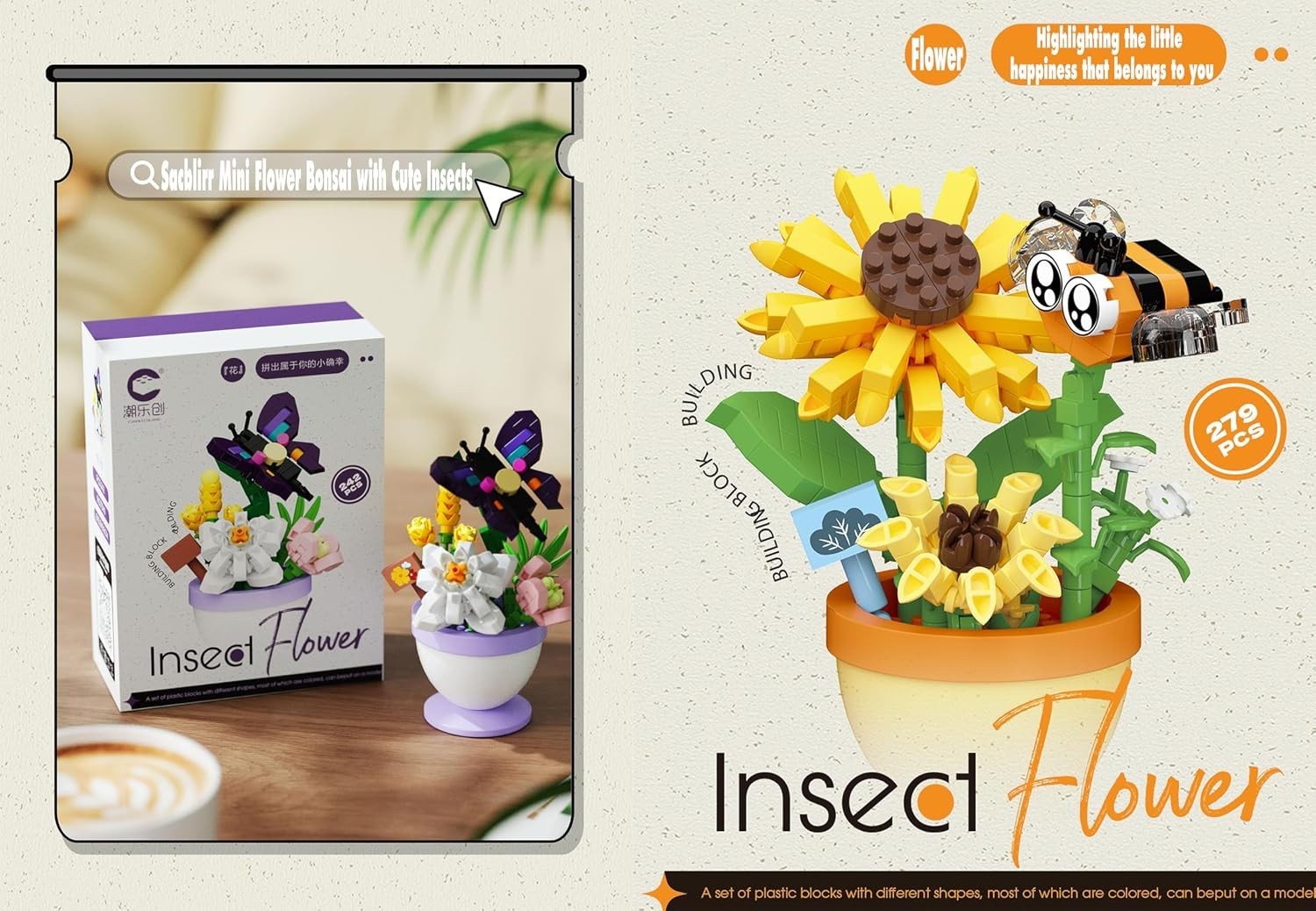 4 Set Mini Flower Bonsai Building Toy Set | Cute insects potted plant micro b…
