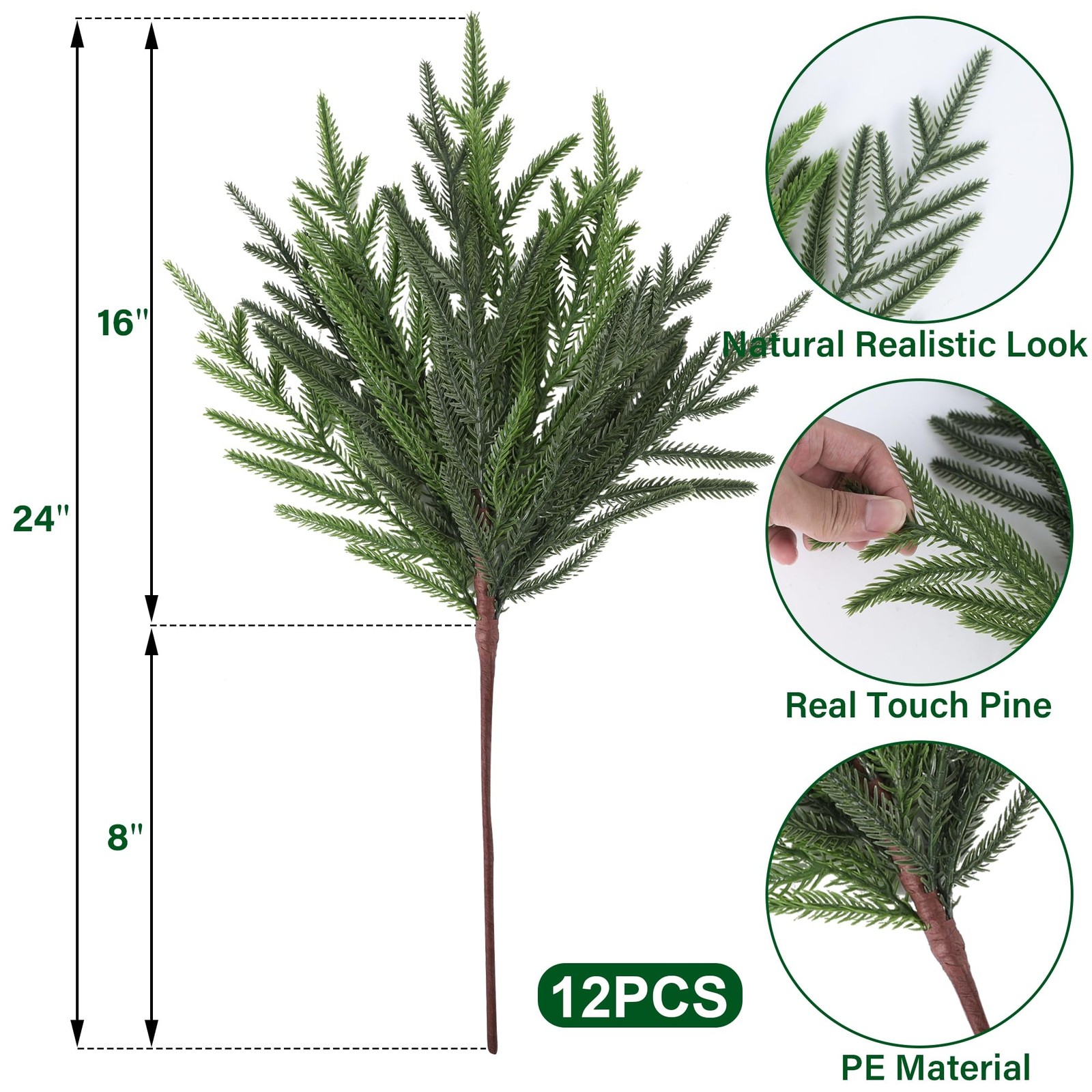 24″ Artificial Norfolk Pine Stems, 12 Pack Christmas Decorations