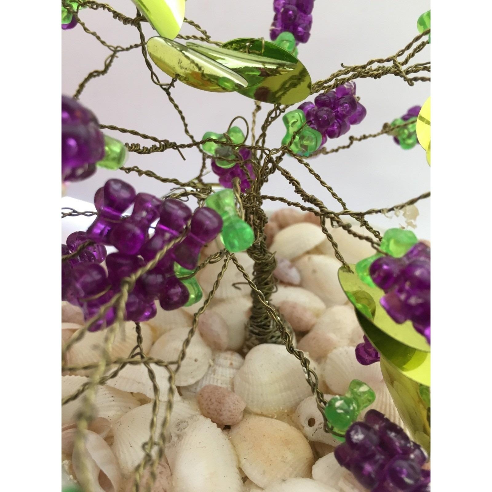 Vintage 50s Asian Beaded Wire Grape Cluster Bonsai Tree in Decorative Bowl