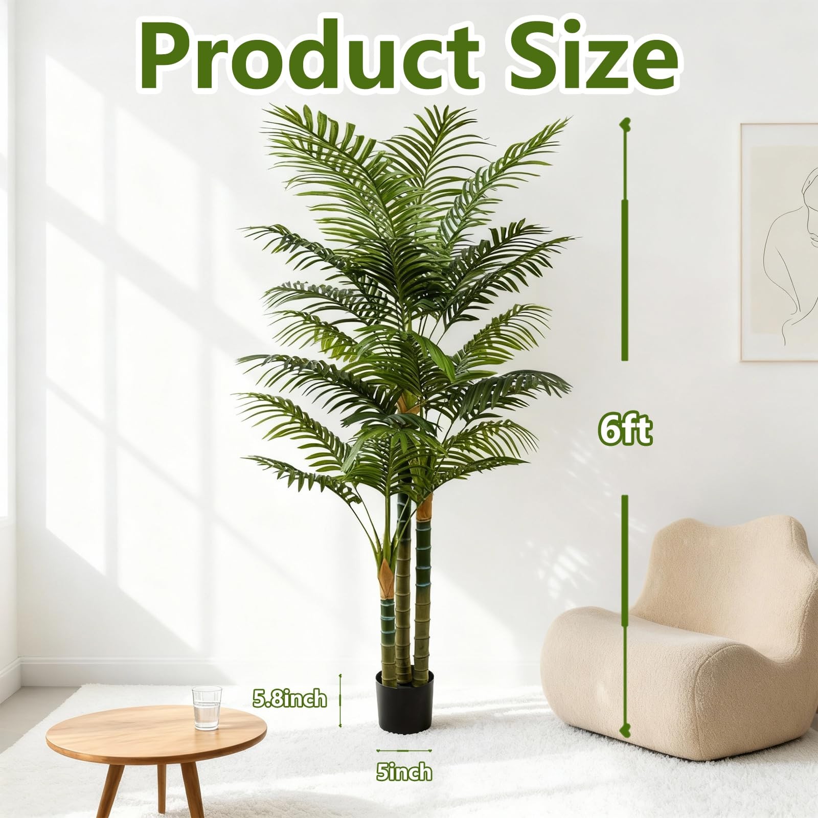 Best 6FT Tall Golden Cane Artificial Palm Tree, Large Faux Tree with 3 Textured