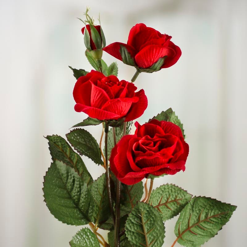 Romantic Red Velvet Artificial Rose and Leaf Pick