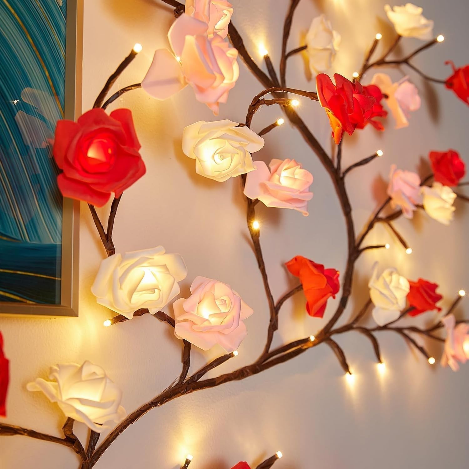 Rose LED Tree Branch Lights for Wall, Rose Flower Willow Vine Twig Decor Garl…
