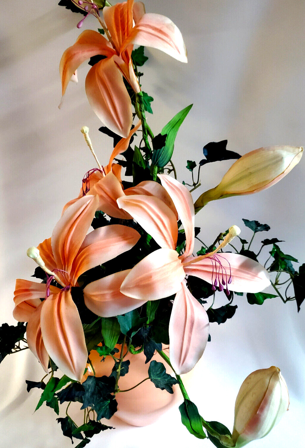 Peach Lillies & Ivy Silk Floral Centerpiece in Matching ceramic Vase