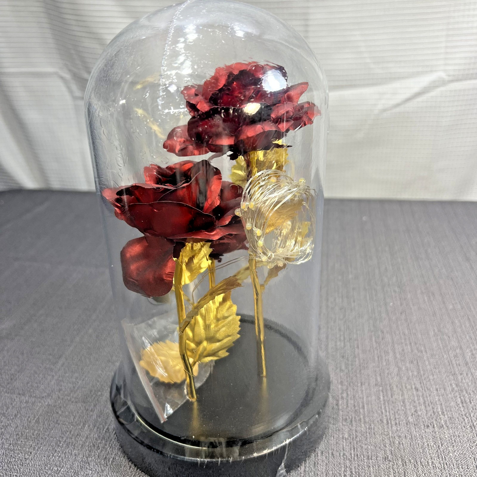 Dream Of Flowers Forever Roses Foiled Led Light Strand in Glass Dome Wooden Base