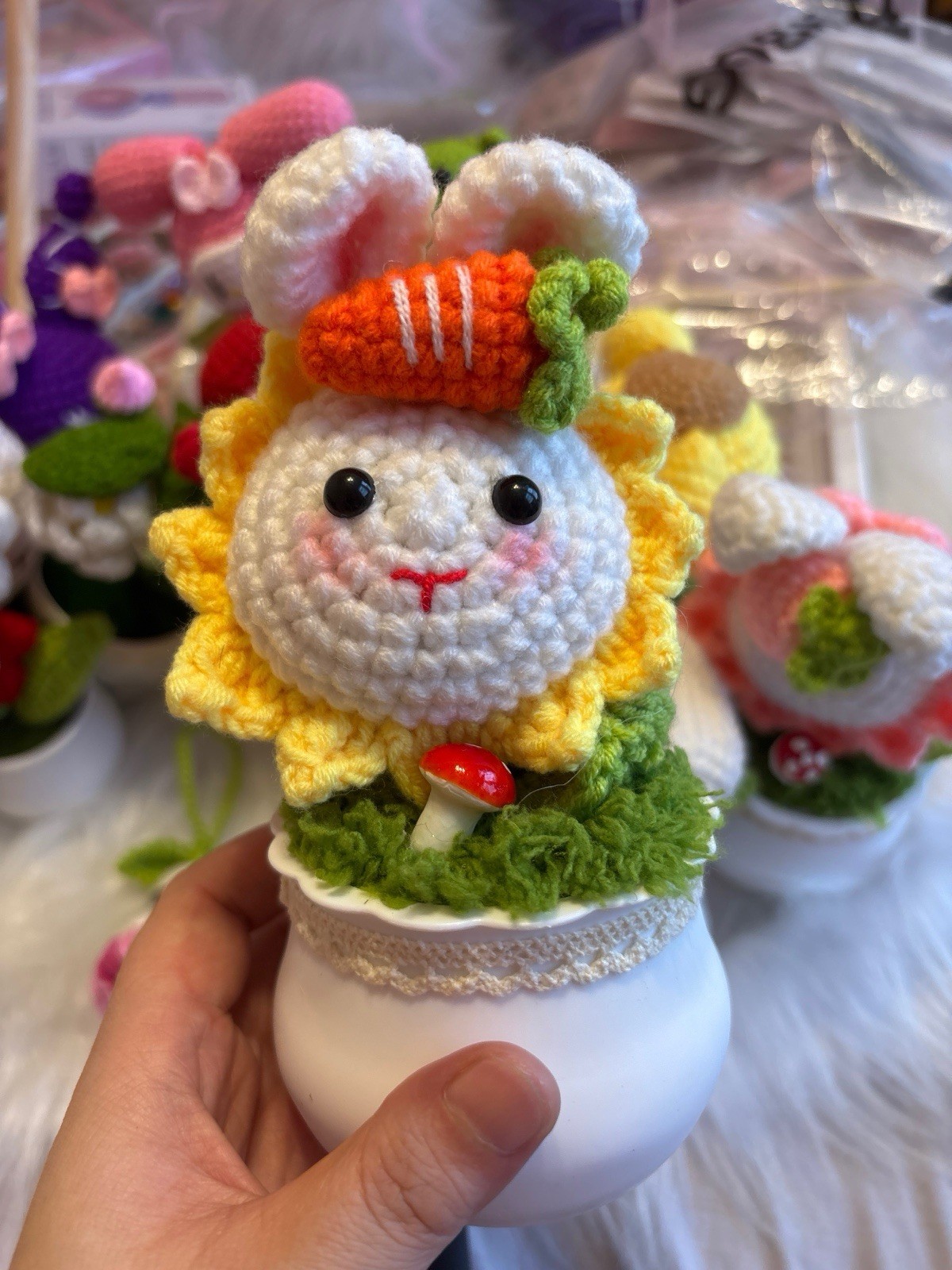 Handmade Crochet Bunny Sunflower Potted Plant Kawaii Fairycore Desk Decor Gift
