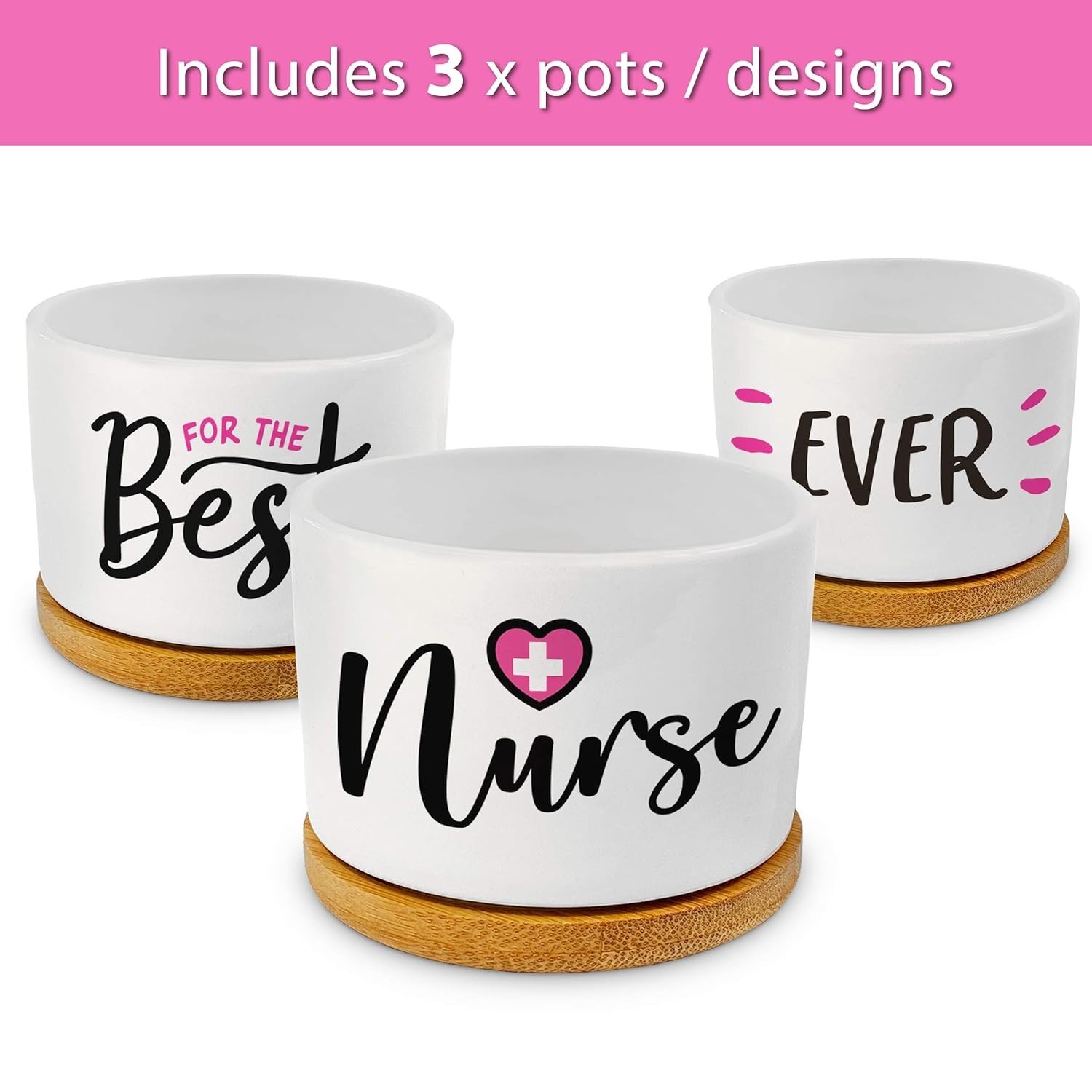 Best Nurse Ever Succulent Planter Set 3 Ceramic Pots Bamboo Trays NEW Gift