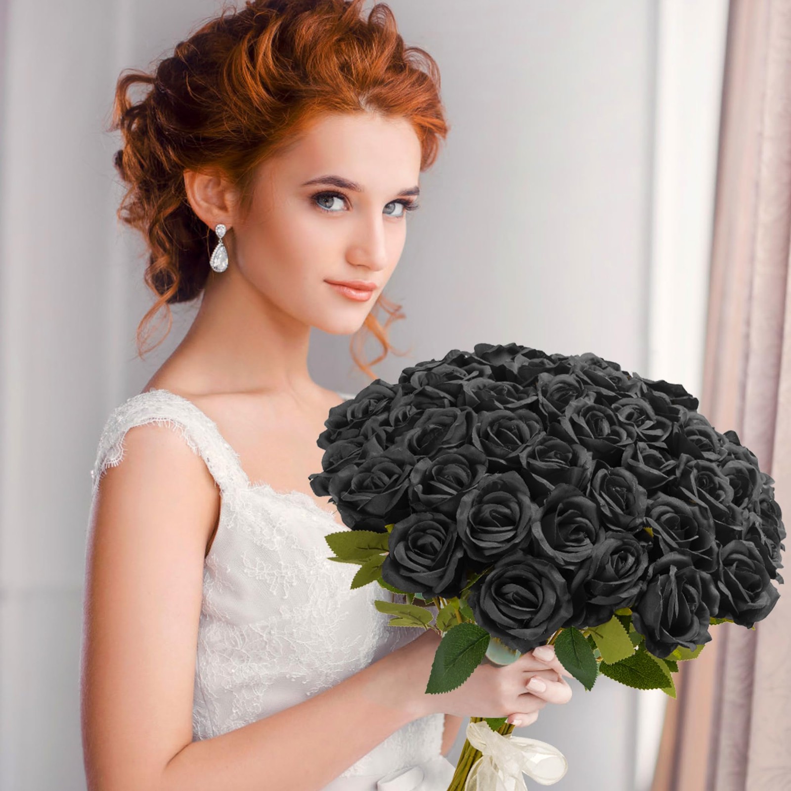 Fanfantoey Black Roses Artificial Flowers Bulk, 52Pcs Fake Roses Flower Arran…