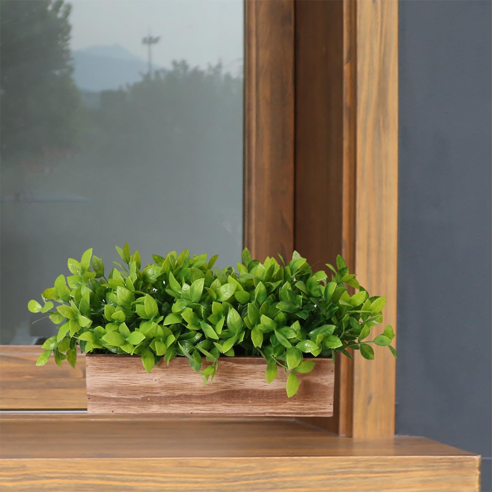 11 inch Artificial Boxwood Potted Fake Plants Rectangular Wooden Planter Box …