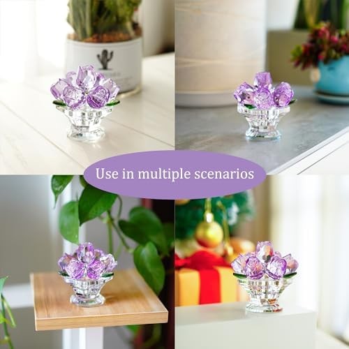 Handcraft Crystal Purple Rose Flower Figurine with Crystal Base, Glass Rose Flow