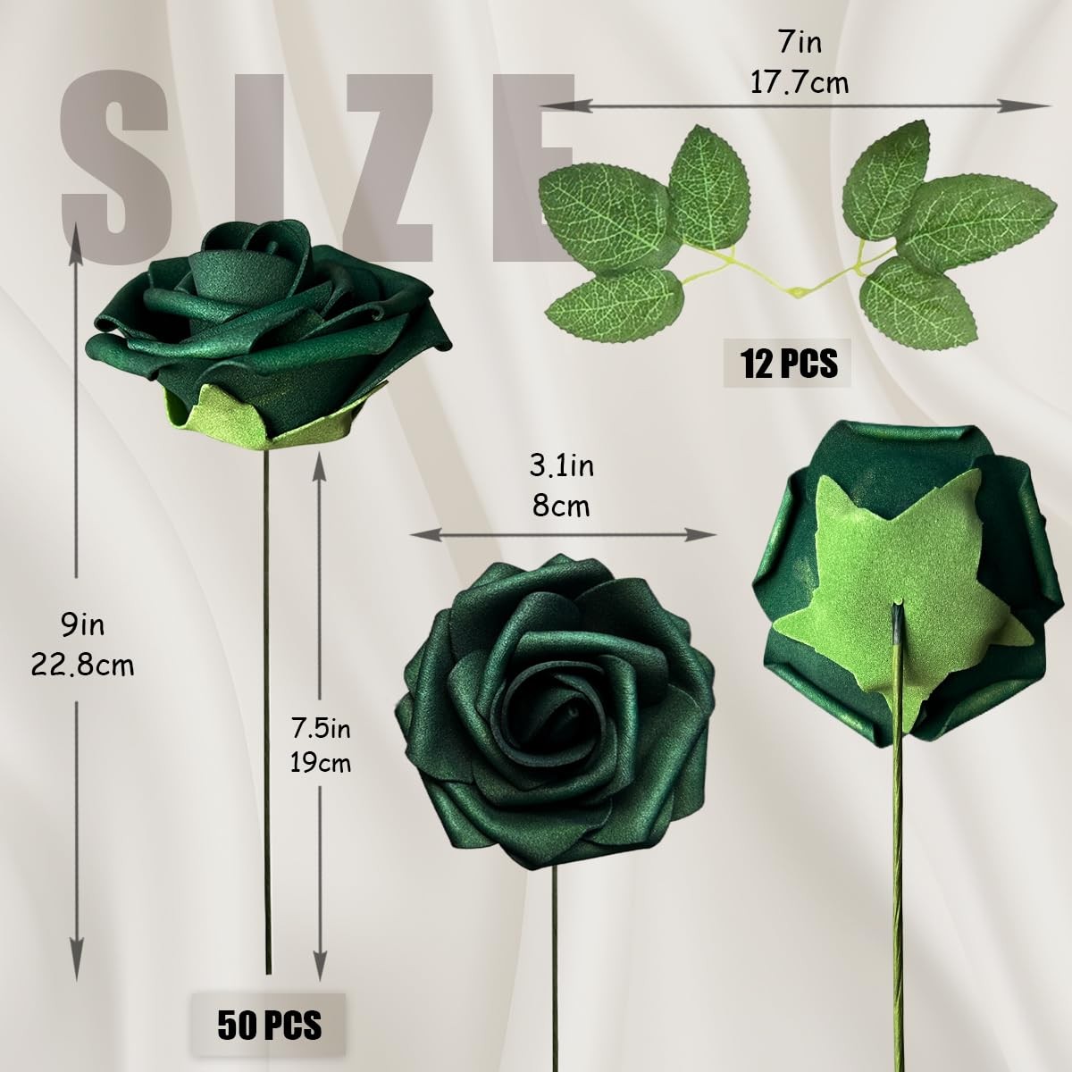 50pcs Emerald Green Artificial Flowers Foam Fake Dark Hunt Green Rose with St…