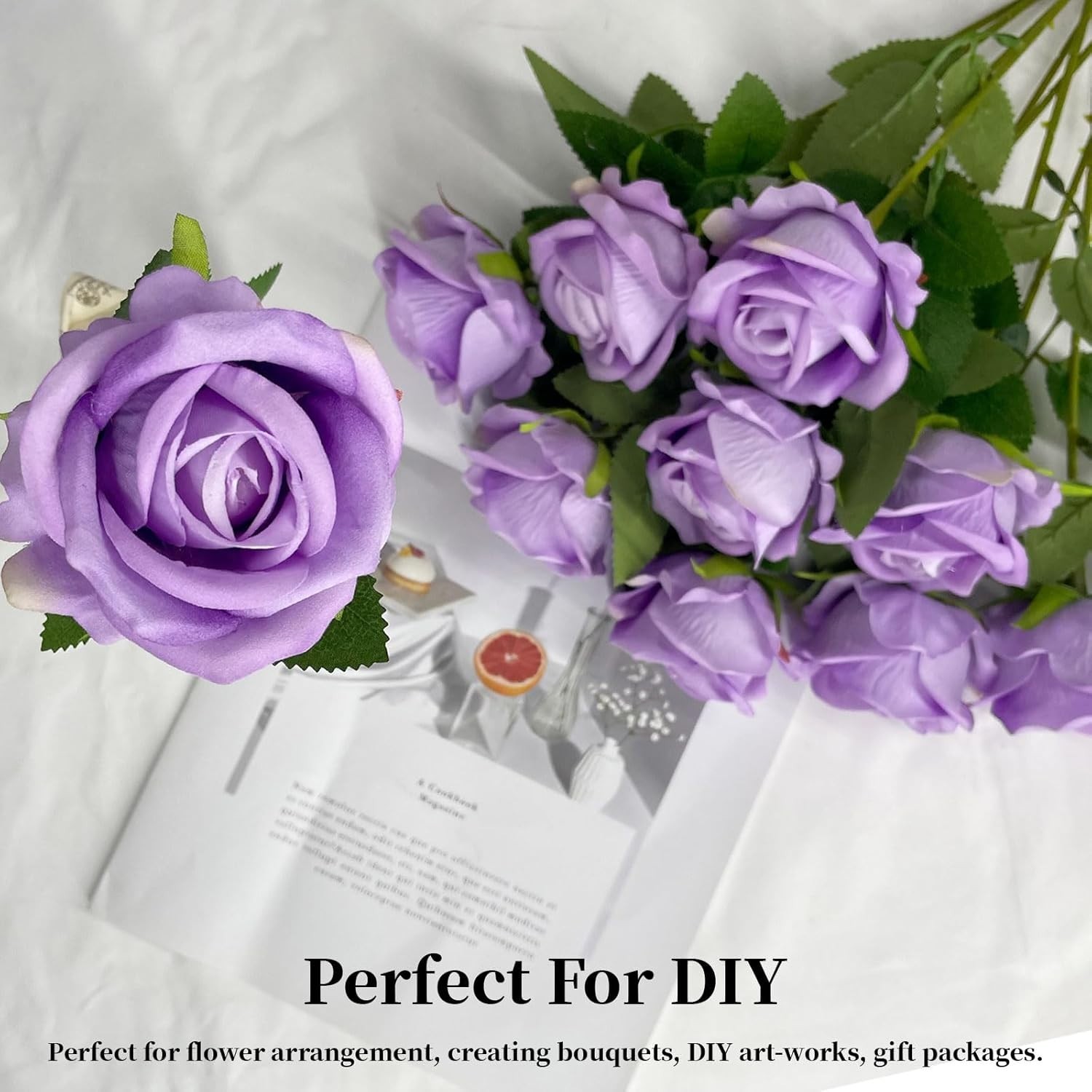 10PCS Artificial Roses Flower with Stems Slik Fake Flowers Light Purple