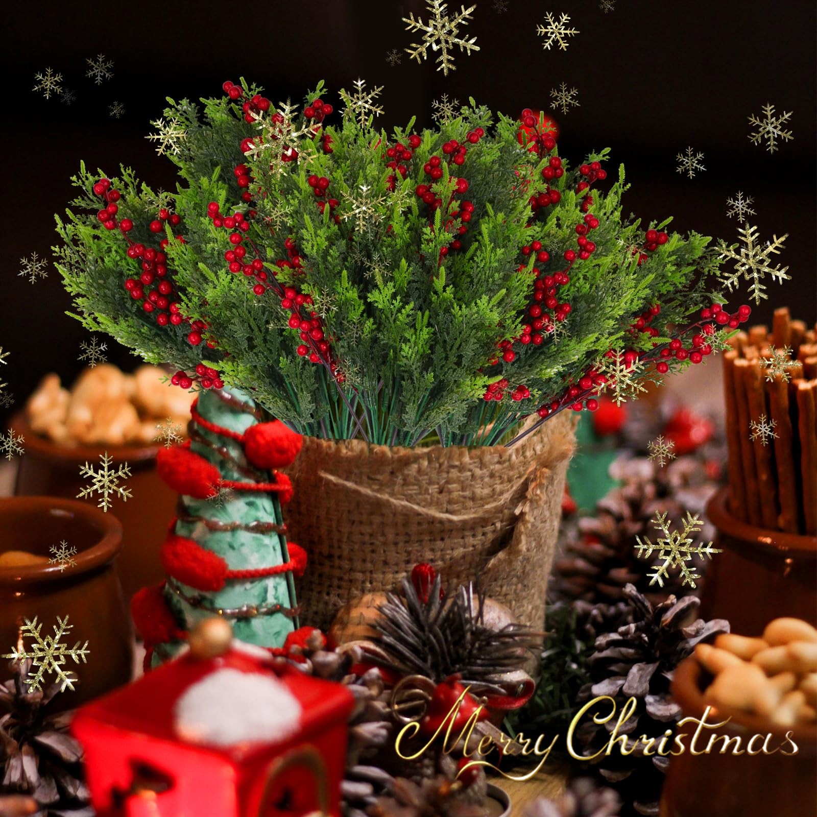 24 Pieces Large Christmas Artificial Plants Outdoor Fake Pine Branch Red Berr…