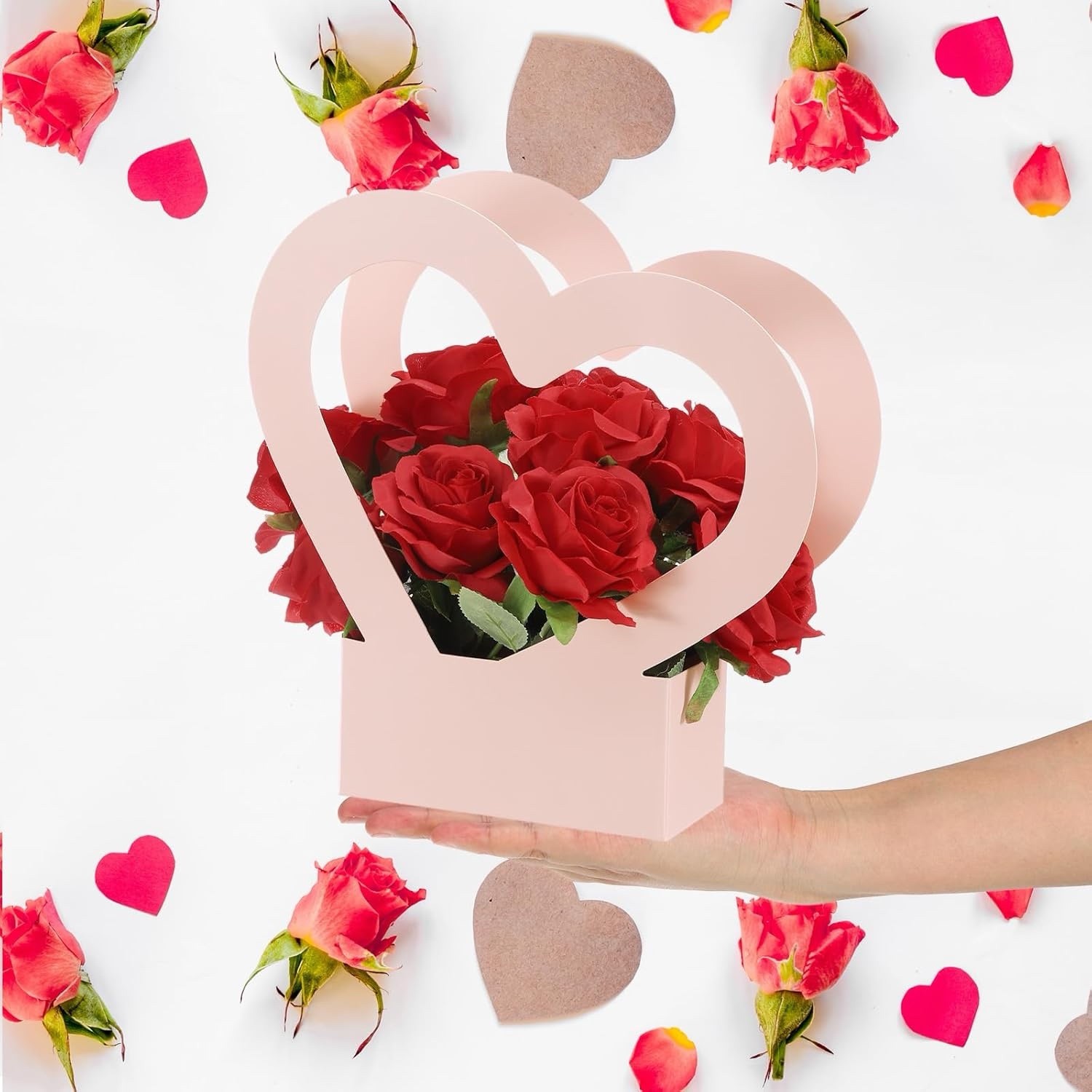 12 Pink Heart Shaped Flower Boxes, Bouquet Gift Bag + Handle Centerpiece Decor