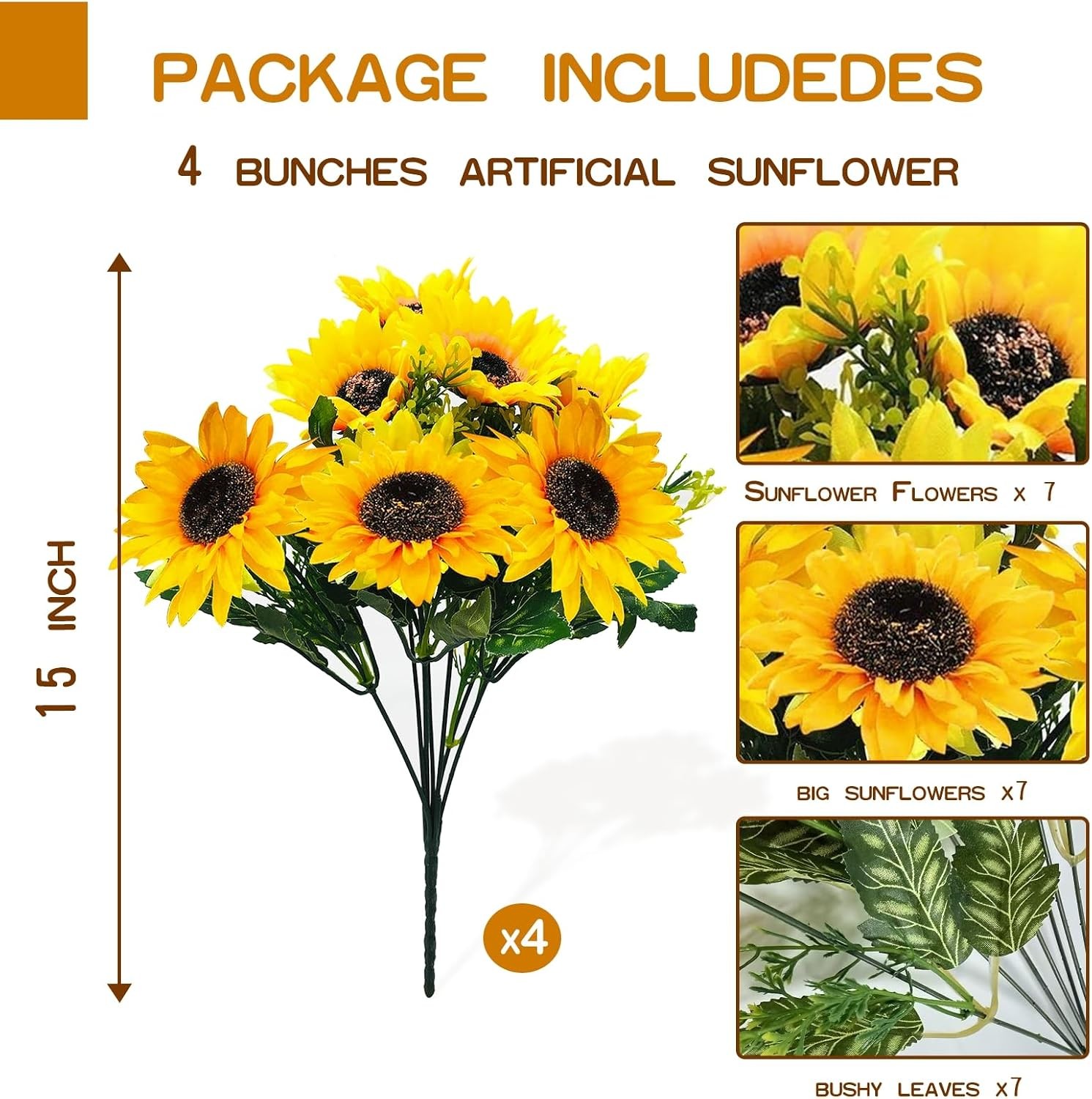 28Pcs Sunflowers Artificial Flowers for Outdoors Summer Decor, 4 Pack Fake