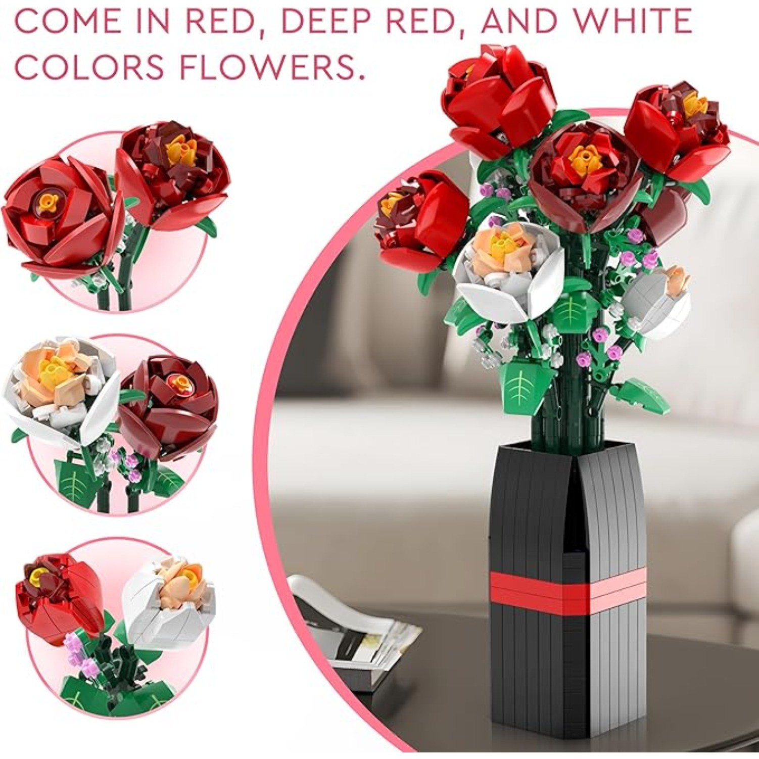 Flowers Bouquet Building Decoration Set with Vase, Gift for Women Girls Boys