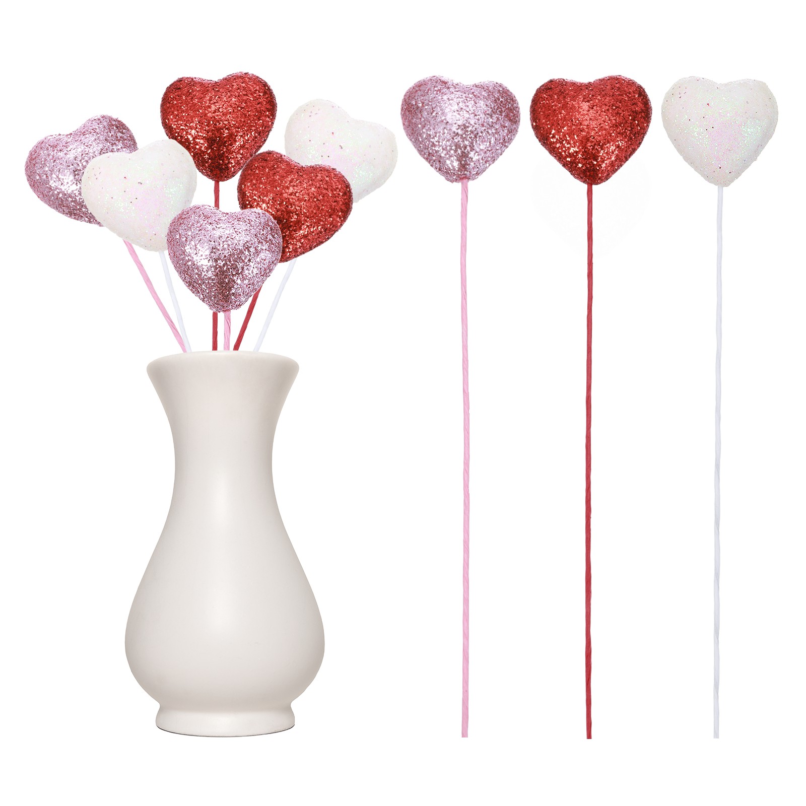 6 Pcs Glitter Heart Shaped Picks Foam Hearts Stick (Red/Pink/White, 4cm x 22cm)