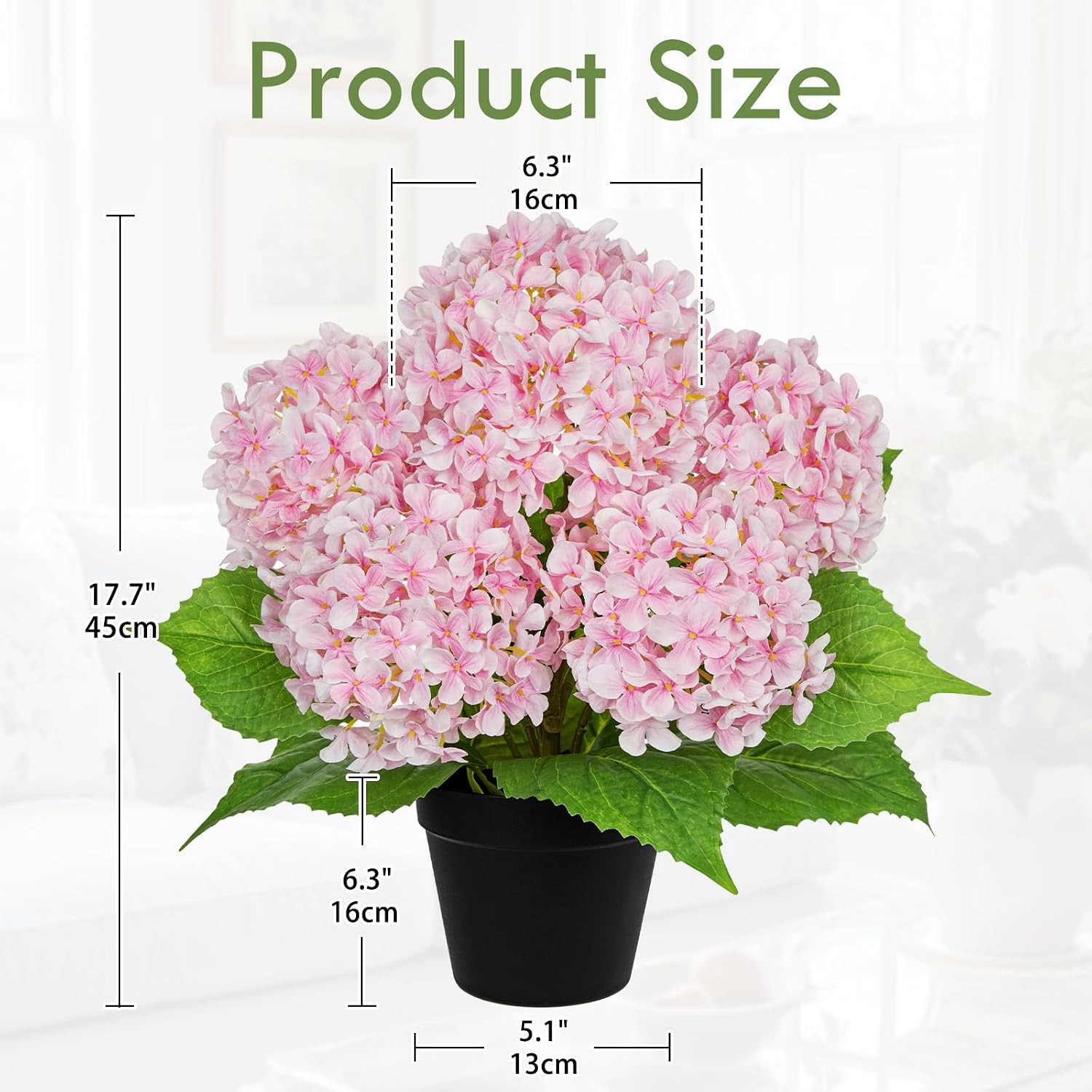 Realistic 18″ Pink Hydrangea Plant in Black Pot for Home & Outdoor Decor