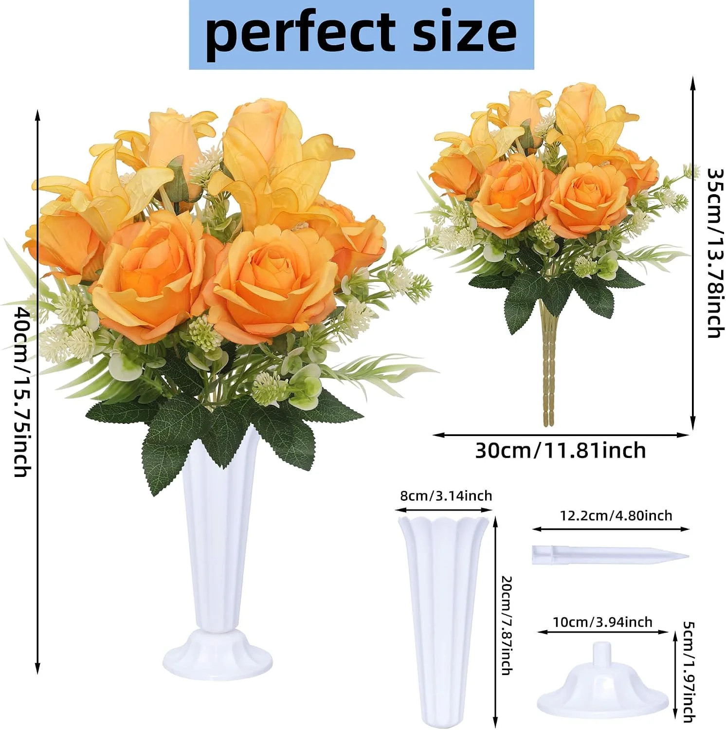 Artificial Cemetery Flowers with Vases Set of 2 Roses Lily Silks Bouquets Realis