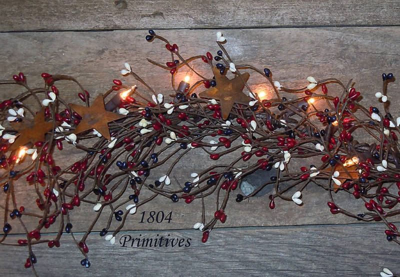 End to End Lighted 40″ Pip Berry Garland – Deep Red Navy Cream – AMERICANA