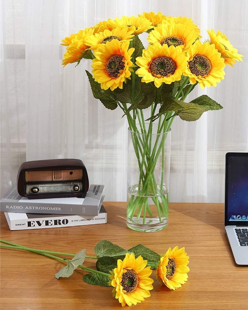 Laelfe Artificial Sunflower Flowers Long Stem Silk Fake Large Sunflowers Deco…