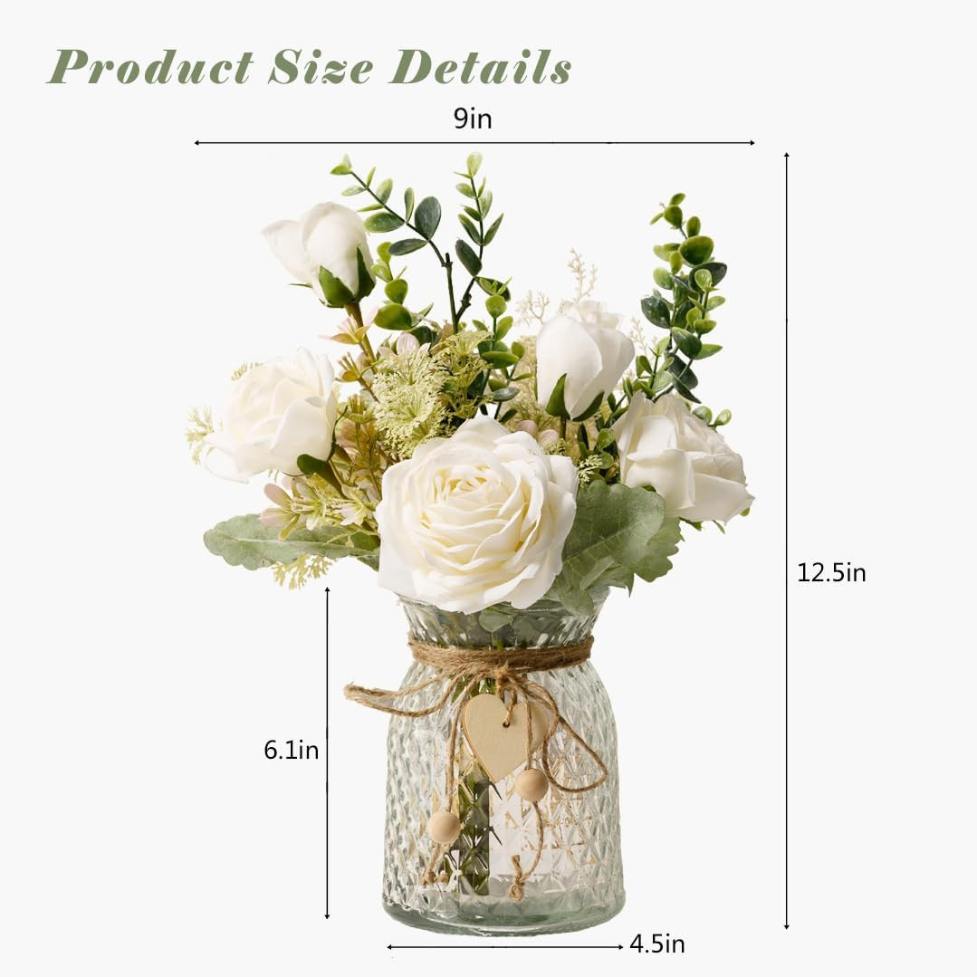 Elegant White Silk Roses in Vase – Perfect Faux Flower Centerpiece for Home Deco