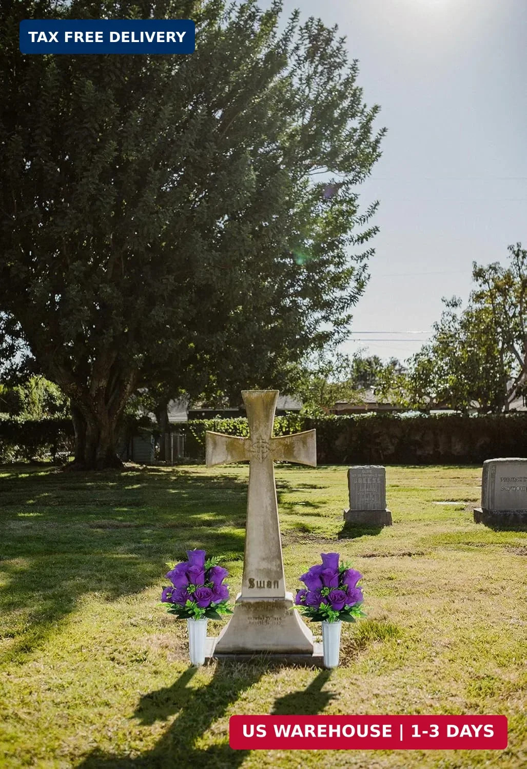 Artificial Cemetery Flowers,2 Sets Artificial Rose Flowers with Vase,Memorial Fl