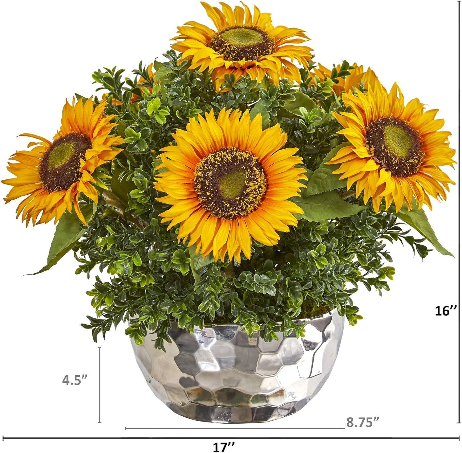 Vibrant Yellow Sunflower Silk Arrangement in Elegant Silver Vase