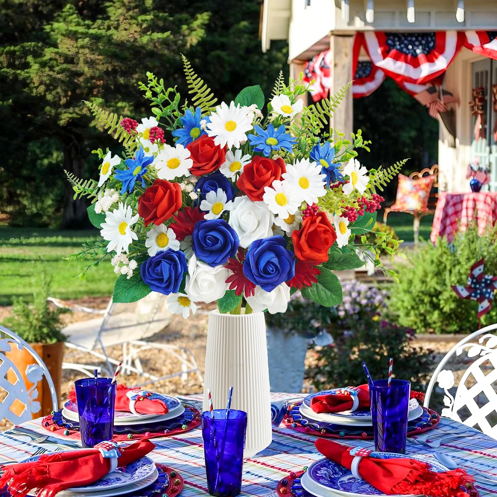 4 Bundles Patriotic Artificial Flowers 4th Of July Red White Blue Silk Rose