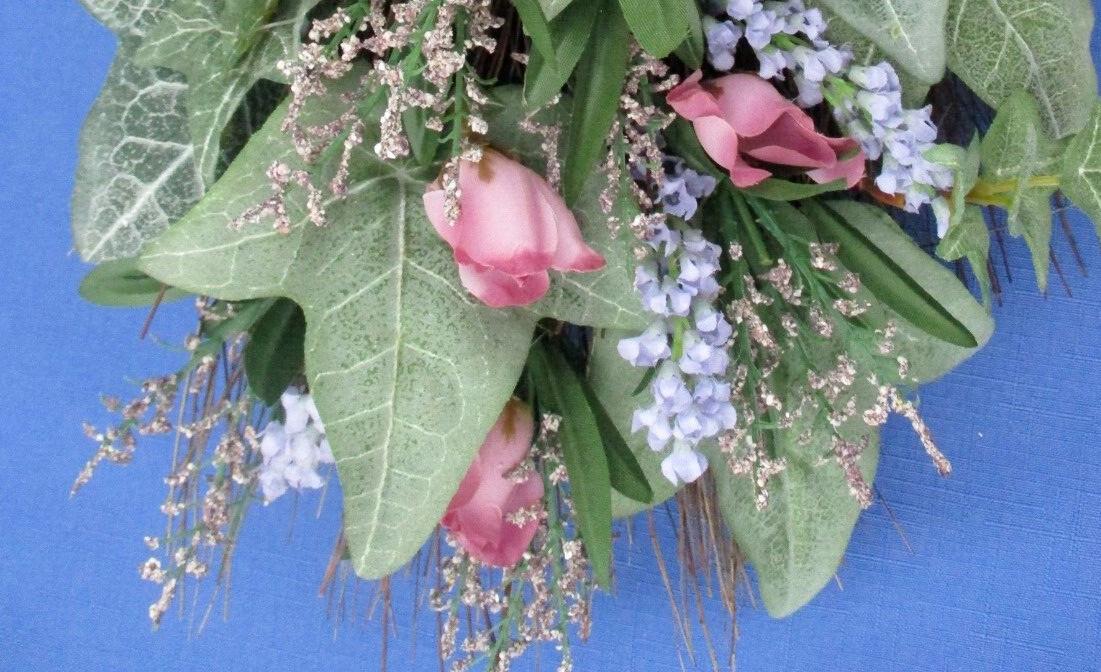 NEW Indoor Artificial Flowers Decorative Broom 32″x10″x4″ Grapevine Pink Roses